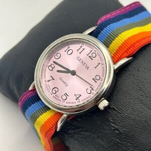 Geneva Silver Multicolored Cloth Band Women’s Watch Working New Battery